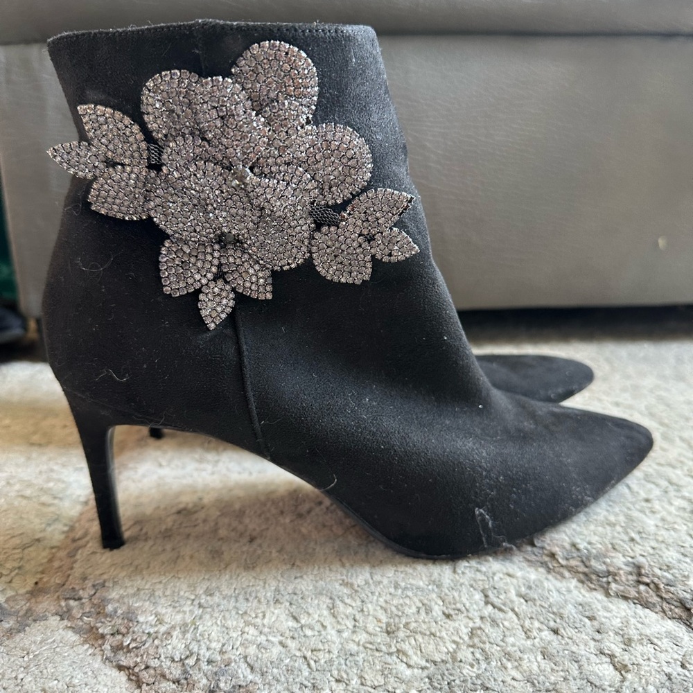 White House Black Market Black Heeled Boots with Rhinestone Floral Accent